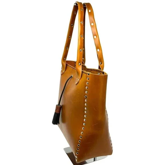 Jaxy Blue Medium Leather Tote Bag Brown Handmade Studded Western Tassel Pocket - Picture 5 of 14